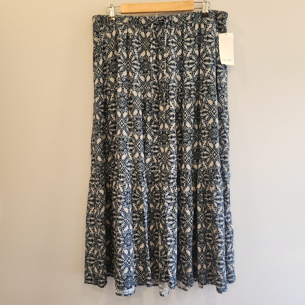 Karen Kane NWT Sand & Sky Tiered Midi Skirt Pockets Stretch Waist Drawstring